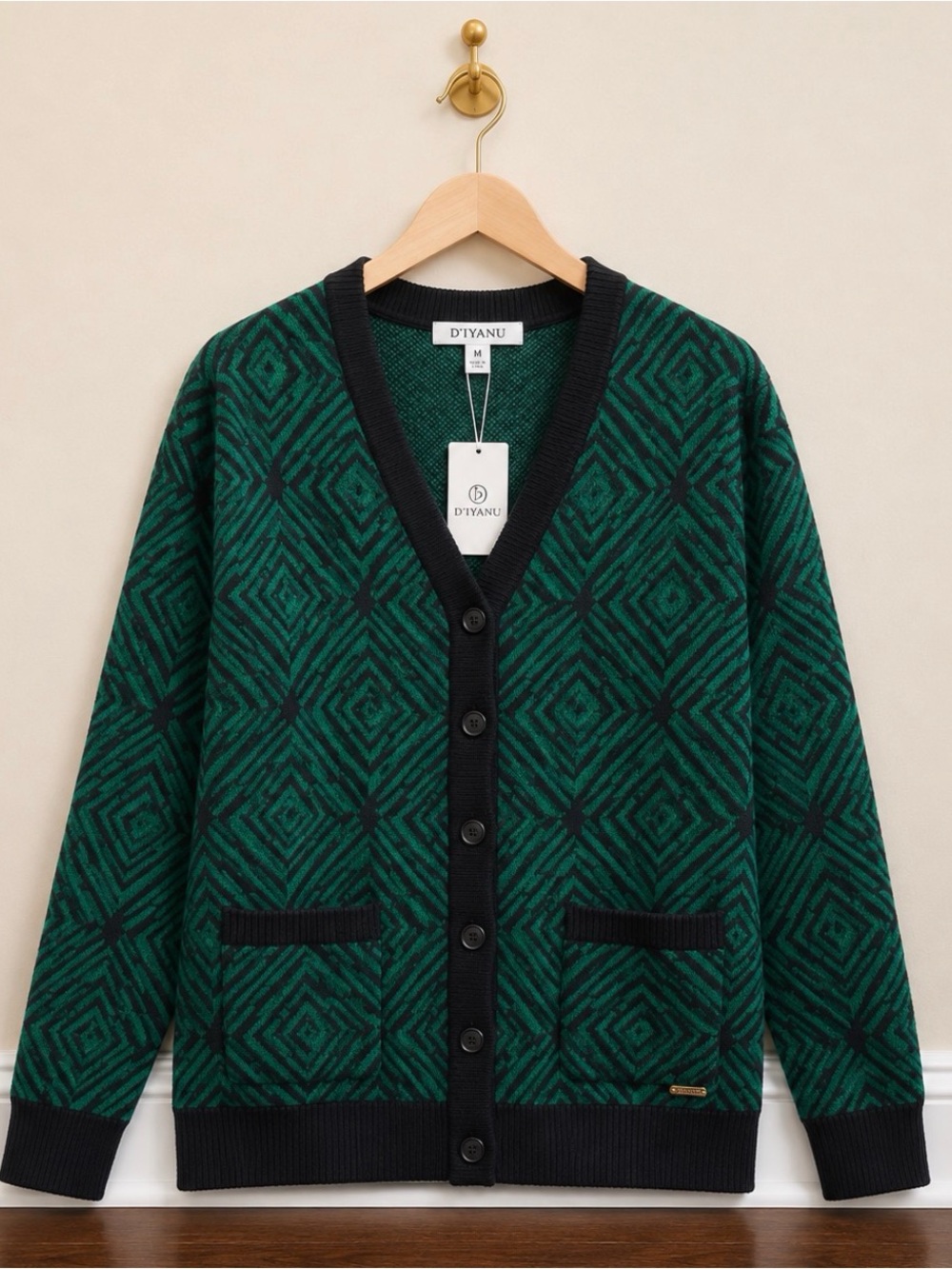 Women's Dark Green Geometric V-Neck Cardigan Sweater